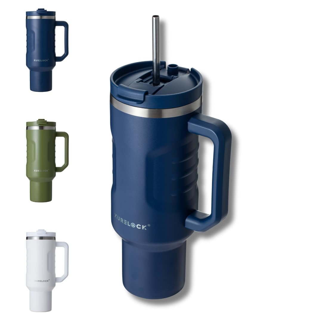 Xurelock 40 oz Stainless Steel Thermal Mug: Vacuum Flask, Leakproof Quencher Tumbler with TwinLock Lid, BPA-Free Cup with Straw and Lid, Simple Modern Tumbler Design, (Blue)