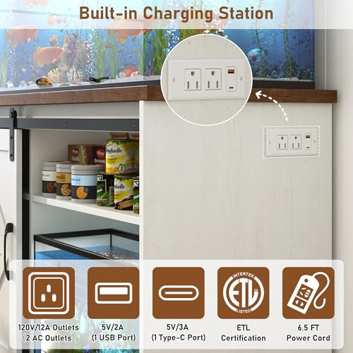 Image of Hlivelood Farmhouse 30-40 Gallon Fish Tank Stand w /Power Outlet, Aquarium Stand w /Cabinet&Sliding Barn Door, Heavy Duty Reptile Tank Stand for Fish /Turtle /Reptile Terrarium, 1000LB Capacity, Rustic WH