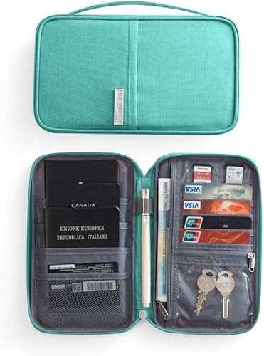 Fullgaden Cartera de viaje con bloqueo RFID, funda para pasaporte, organizador de documentos para hombres y mujeres (pequeño, azul Tiffany)