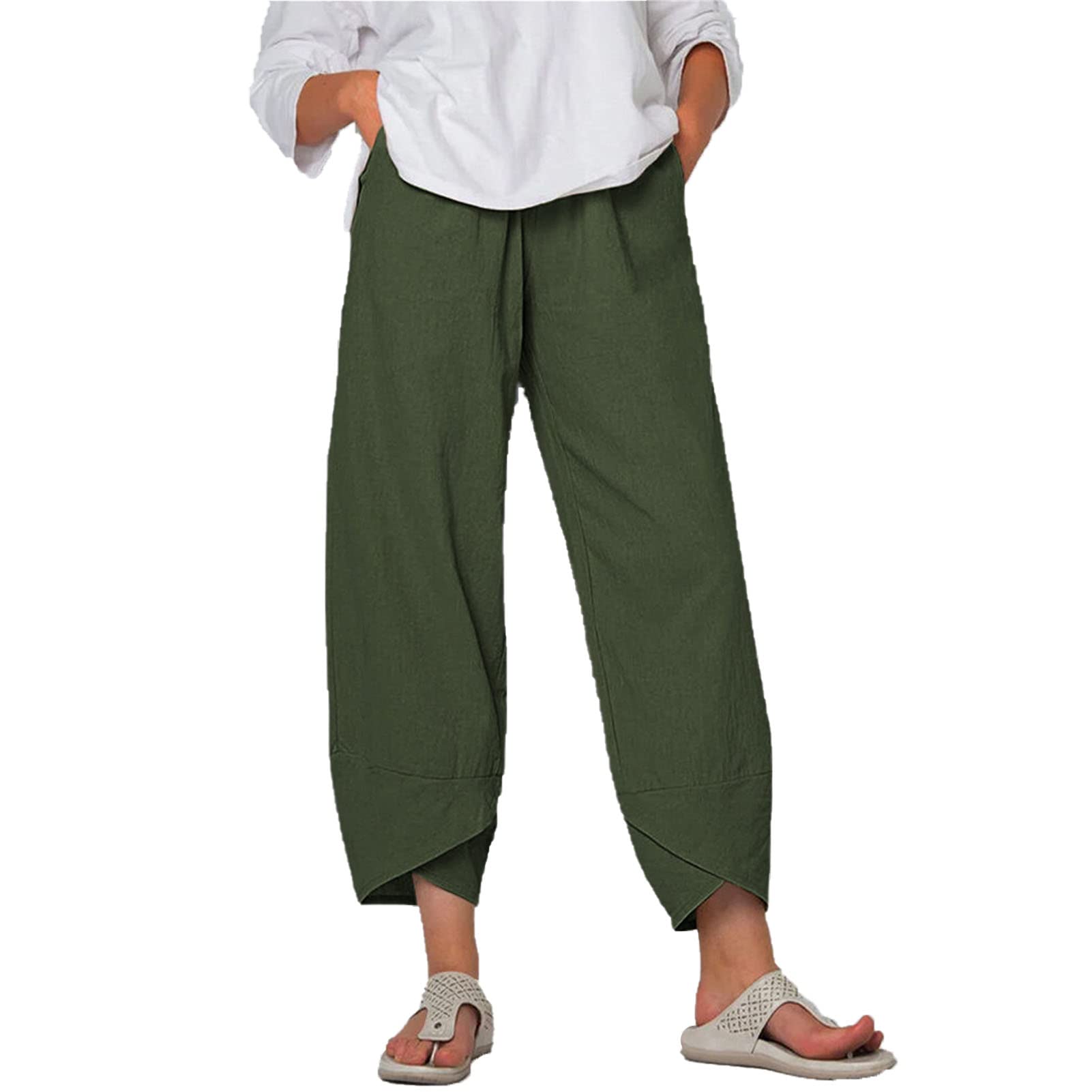 Women's Cotton Linen Loose Pants Summer Casual Baggy Lounge Pants Elastic Waist Lightweight Wide Leg Trousers (Armygreen,3X-Large)