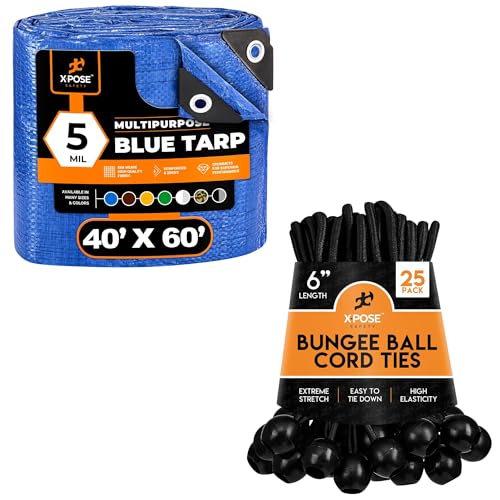 Image of 40' x 60' Multipurpose 5 Mil Blue Poly Tarp with Reinforced Grommets + 6 inch Black Bungee Ball Cords (25 Pack) for Tarps, Canopies, Walls - Xpose Safety