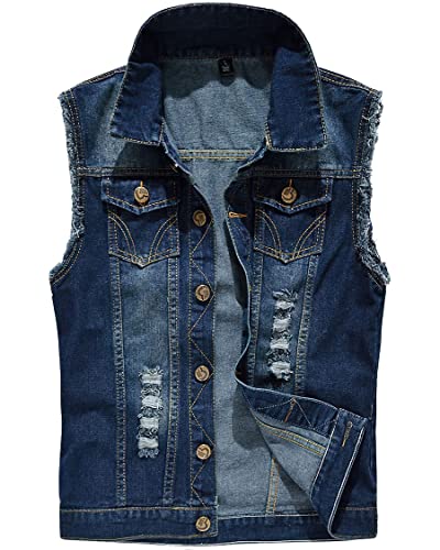 Image of ebossy Men's Ripped Distressed Denim Vest Sleeveless Button Up Jean Vest Jacket (Medium, Denim Blue)