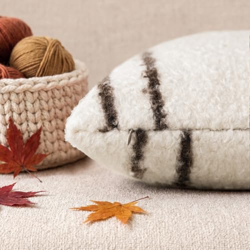 Image of Foindtower Pack of 2 Soft Faux Fur Boucle Throw Decorative Pillow Covers Fuzzy Accent Striped Cushion Sherpa Boho Farmhouse Pillowcase for Couch Sofa Bed Living Room Home Decor 20x20 Inch,Ivory
