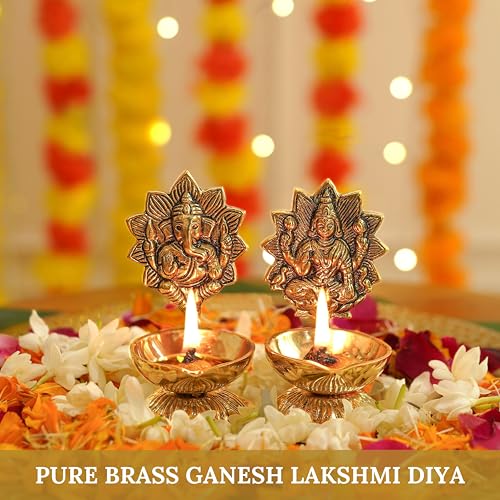 Image of Behoma 100% Pure Brass Lakshmi Ganesh Diya for Puja | Laxmi Ganesh Samridhi Deepak for Pooja Room, Tample, Mandir, Office, Deep for Home Decoration