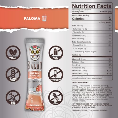 Image of Salud 2-in-1 Energy Drink Powder + Focus, Paloma, Organic Caffeine, B6 + B12, Theanine, Clean Energy Drink Packets, Agua Fresca Mix, Non-GMO, Gluten Free, Vegan, 1g of Sugar, (15 Servings)