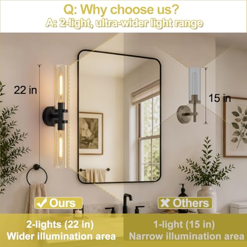 Image of Indoi Wall Sconces Set of Two, Hardwired Matte Black Bathroom Sconces Wall Lights with Amber Glass, Modern Sconces Wall Decor Set of 2 Vanity Light fixtures for Bathroom Mirror Bedroom