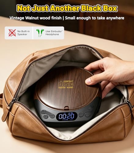 Rechargeable Discman CD Player with Headphones, Portable CD Player for Car & Home, Small CD Players Portable with 60s Anti-Skip, Supports CD/MP3/WMA/TF Card/AUX, Backlit/Lock/Programmable/Timer(walnut