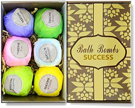 SUCCESS Bath Bombs Gift Set for Women - 6 x 2.5 oz, Perfect for Bubble Bath, Moisturizing with Organic & All Natural Essential Oils (Lavender, Lemon, Rose, Coconut, Green Tea, Vanilla