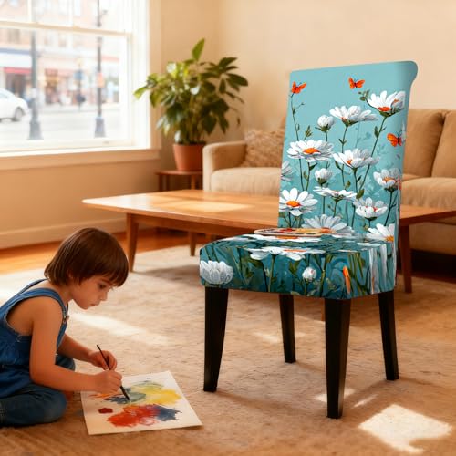 Image of Nuxovilar Blue Daisy Orange Butterfly Stretch 23.6x70in 4PCS Covers | Stretch Slipcover Floral Protector Flower Wrap Seat Guard Dining Room Kitchen Garden Theme Party (Daisy Butterfly)