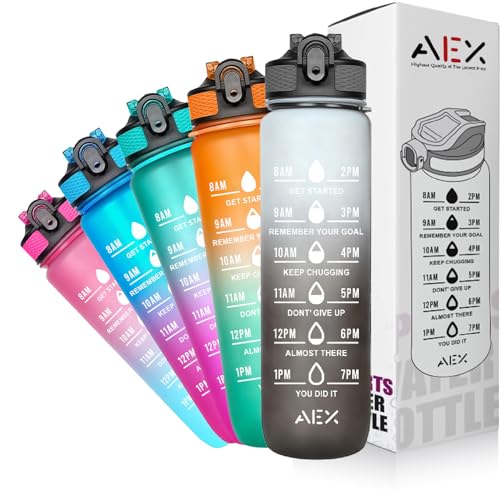 AEX Sports Water Bottle 1L - 1 Litre Water Bottle with Straw - Motivational and Leak Proof Water Bottle - Gym and Cycling Water Bottle - BPA Free Water Bottle for Men and Women (White-Black)
