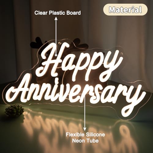 Image of Happy Anniversary Neon Sign - 15.75 inch Dimmable LED Wall Decor Light, USB Romantic Gift for Couples,Business Celebrate Banner,Party Wedding Anniversary Decorations