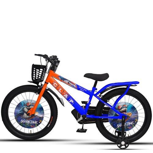 Image of Shark Tank 20 Inch Kids Bicycle with Training Wheels, Front Basket, Water Bottle, Rear Carrier & Full Chain Cover for Boys and Girls Ages 7-9 (Orange /Blue)
