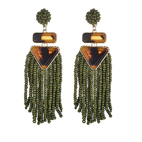 Bohemian Green Beaded Tassel Drop Leopard Print Triangle Dangle Earrings Boho Party Jewelry Gifts for Women Girls