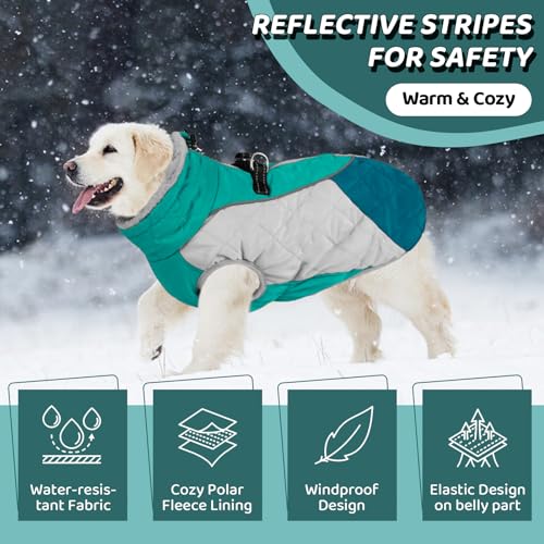 Image of AOFITEE Dog Winter Coat, Dog Coat for Large Dogs, Warm Fleece Dogs Jacket | Reflective Dog Winter Jacket with Harness Built in, Waterproof Windproof Dog Snowsuit for Cold Weather, Bean Green XL