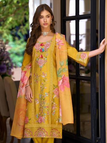 Image of INDO ERA Women's Silk Blend Floral Embroidered Thread Work Kurta & Pant with Dupatta Set (IEOUT13229)