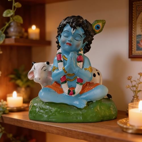 Image of Premium Bal Krishna Resin Idol for Car Dashboard, Home Temple & Office (7 x 6.5 x 4.5 cm) | Handcrafted Laddu Gopal Murti Showpiece for Vastu, Peace & Protection (Color: Blue)