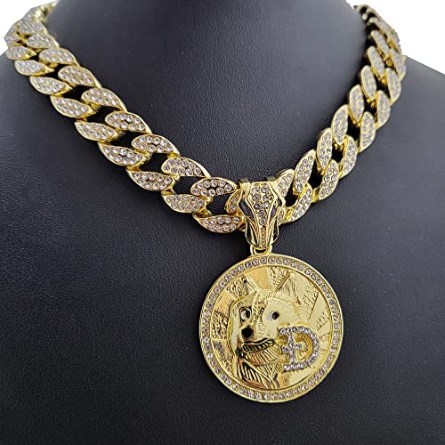 Gold plated Simulated Diamond DOGE COIN Medal Pendant & 15mm 16" 18" 20" 24" 30" Iced Cuban Chain Hip Hop Jewelry Bling Necklace Gift3