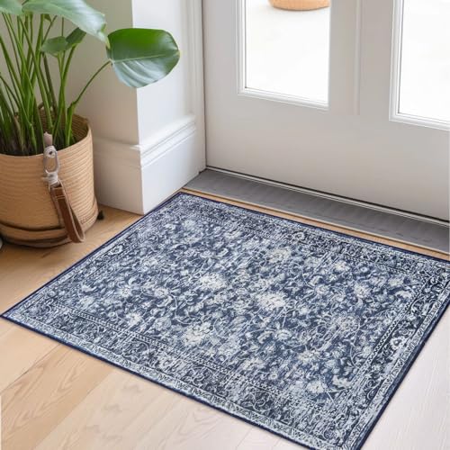 Image of KILOCOCO Small Area Rug 2x3 Entryway Rugs Printed Vintage Floral Machine Washable Rug Non-Slip Kitchen Rug Indoor Door Mat, Accent Throw Rugs for Doorway Hallway Bedroom Entrance, Blue