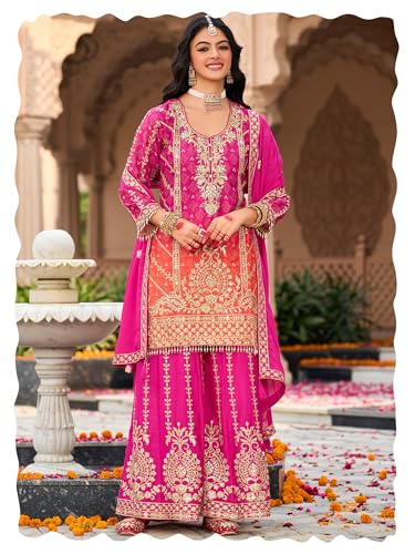 Image of INDO ERA Women's Silk Blend Embroidered Straight Kurta & Palazzo with Dupatta Set (IEOUT10598)