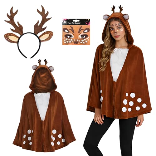 Kefyvbdj Renna Carnevale Donna Costume, Cerchietto per Capelli con Corna di Renna, Vestiti Mantello di Renna, Animali Renna Carnevale Travestimento, Cosplay, Carnevale, Halloween, Festa A Tema
