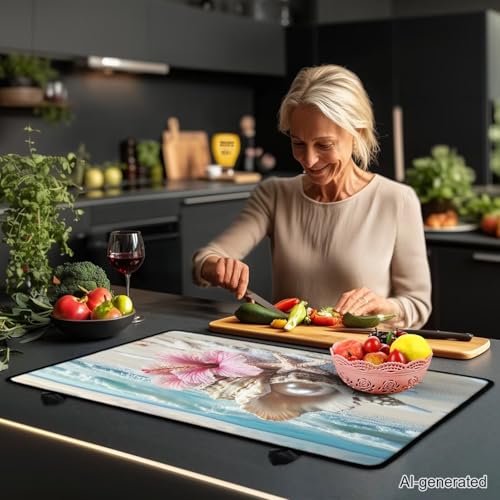 Image of Beach Starfish Seashell Flower Stove Cover 30 inchx21 inch Heat Resistant Multi-Functional Counter Protector Non-slip Waterproof Mat for Glass Stovetop Protector Easy to Clean