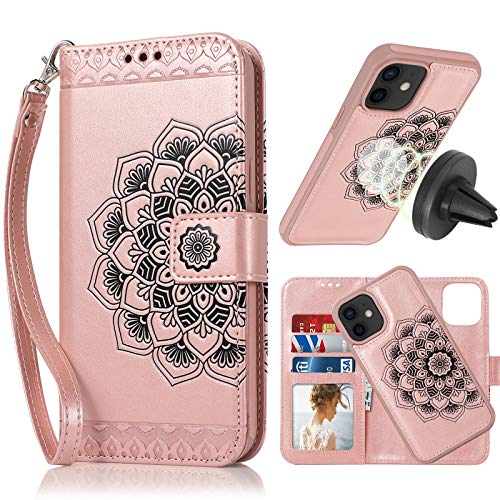CASEOWL Wallet Case Compatible for iPhone 12/12 Pro,Magnetic Detachable Case Fit Magnetic Car Mount,Card Solts Holder,Embossed Mandala Pattern Flower Floral Vegan Leather Flip Wallet Case [Rose Gold]
