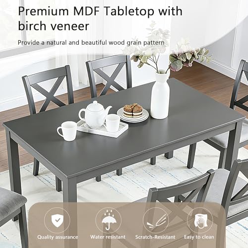 Image of Harper & Bright Designs Modern 7-Piece Dining Set,58.5 inch Solid Wood Table & 6 Padded X-Back Style Chairs, Grey for Kitchen /Dining Room, 6-Person Seating