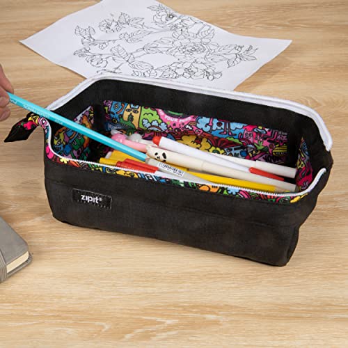 Image of ZIPIT: Lenny Pencil Case - Black & Doodles - Large Storage Capacity Zipper Pouch, Makeup-Stationery Bag, School, Washable Polyester, Kids-Teens-Adults