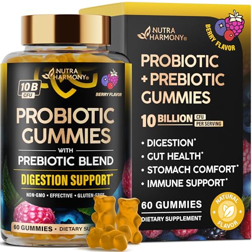 Probiotic Gummies 10B CFU with Prebiotic Fiber - Digestion & Immune Support - Debloat, Stomach & Gut Comfort - Probiotics for Women & Men - Natural Berry Flavor - Vegan & Sugar-free - 60 Gummies