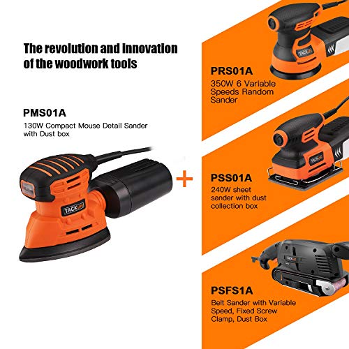 TACKLIFE Classic Mouse Detail Sander with 12Pcs Sandpapers, 12,000 OPM Sander, Efficient Dust Collection System For Tight Spaces Sanding in Home Decoration, DIY - PMS01A
