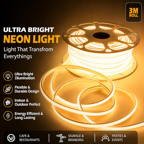 Image of MoonlitDreams 3 Meter LED Neon Strip Light, 10mm Warm White Waterproof Flexible 3M COB Neon Rope Light, Cuttable LED Strip for Indoor Outdoor Wall Decor, Home, Shop, Party & Festival Lighting