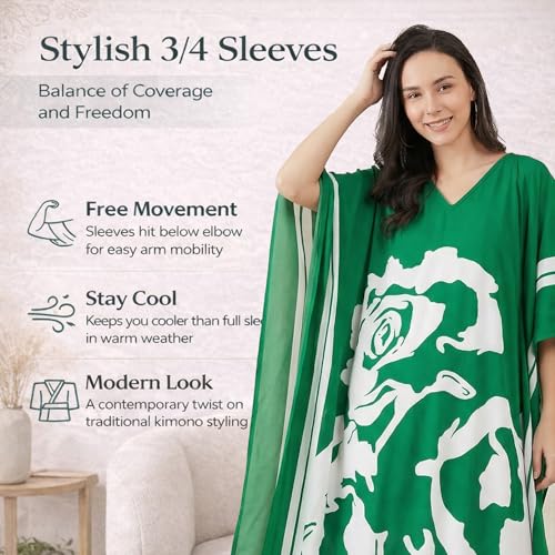 Image of Oussum Women Plus Size Dresses Kimono Caftan Maxi Dress Floral Polyester Long Mumu House Beach Cover Up 1X-3X Summer Wear