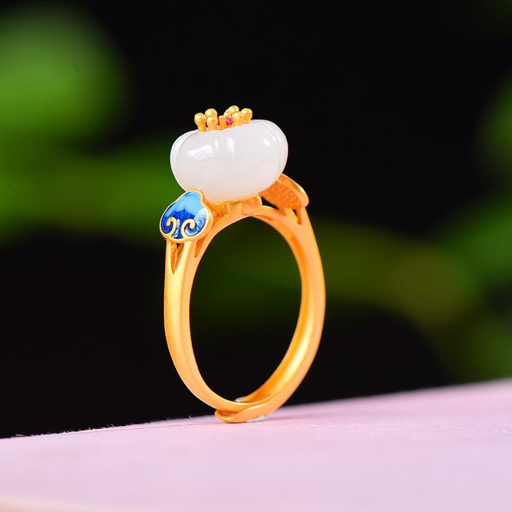 S925 Silver Inlaid Natural White Jade Lotus Enamel Ring Adjustable Opening Including Certificate
