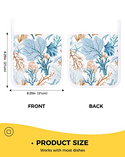 Sea Coral Pot Holders For Kitchen, Summer Beach Ocean Teal Brown Coral Pot Holder With Loop Trivet Heat Insulation Oven Mitts Hot Pads, Washable Potholders For Cooking Backing 5 Pack #TOP2