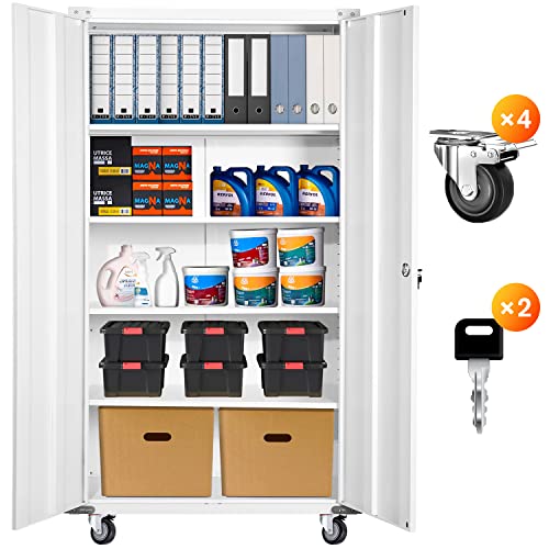 Greenvelly White Metal Cabinet With Wheels, 75" Locking Storage Cabinet With Door And 4 Shelves,Tall Heavy Duty Lockable Rolling Locker Tool Steel Cabinet For Home, Pantry, Garage, Basement, Workshop #TOP19
