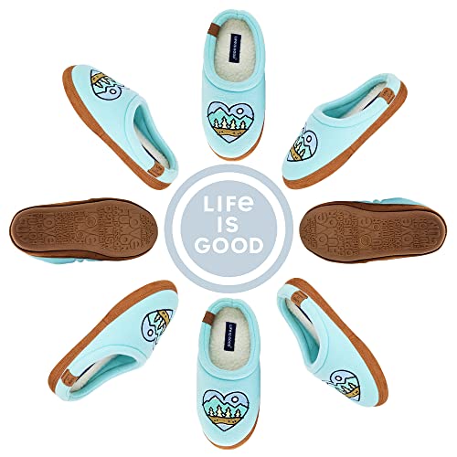 Life Is Good Women's Moccasin Slippers, 303593W - Suede & Fleece Open Back Indoor/Outdoor Slip-Ons - Plush & Cozy Slides With Soft Foam & Rubber Soles Stylish & Comfy Available In Different Designs (Beach Blue - Outdoor Heart - Size 8) #TOP1