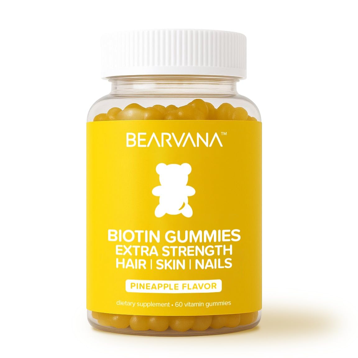 BEARVANA Biotin Gummies Extra Strength | Hair Skin & Nails Vitamins with Biotin, Vitamin C, E, B6 & B12 | Vegan Gummy Vitamins | Pineapple Flavor | 60 Gummies