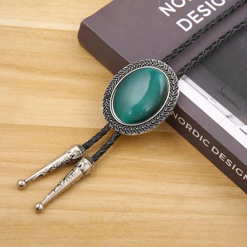 Image of Bolo Tie for Men Women Cowboy Turquoise Celtic Natural Tiger Eye Stone Longhorn Bull Western Leather Bolo Necktie