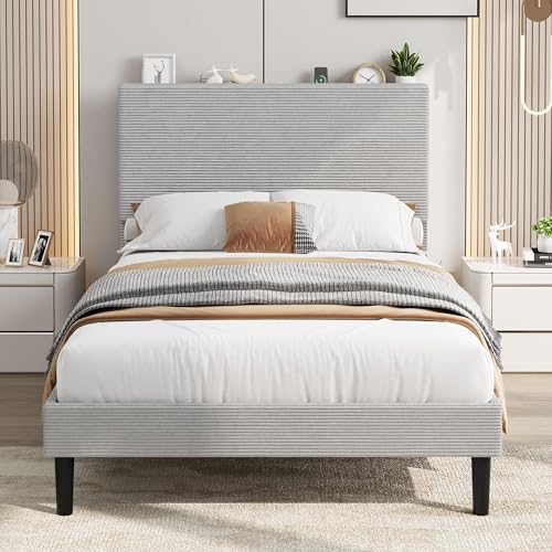 Image of GarveeLife Corduroy Upholstered Platform Bed Frame with USB Charging Station, Adjustable Storage Headboard, Wooden Slat Support, No Box Spring Needed, Easy Assembly,Twin Dark Gray