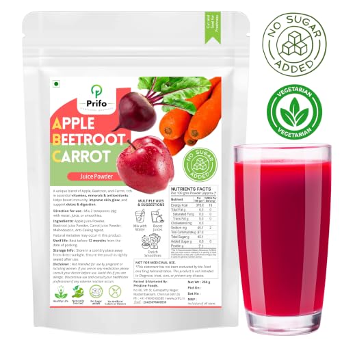 Image of Prifo ABC Juice Powder 250g - Apple Beetroot Carrot Superfood Mix | Natural Detox Drink for Immunity, Glowing Skin & Energy | No Added Sugar, Non-GMO & Preservative-Free | Travel-Friendly