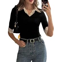 Half Sleeve Tops for Women Black Cute Women's Two in One Shirt Collar Blouse