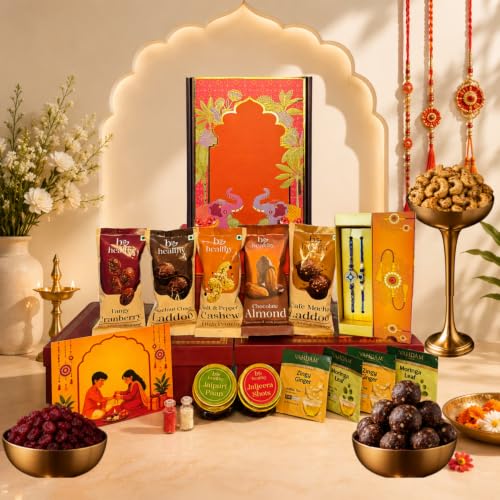 Image of Be Healthy Rakhi Gift Hamper, 15 items, Raksha Bandhan Gift For Brother, Rakhi, No Added Sugar Laddoo, Flavoured Nuts, Tea Sachets, Roli Chawal, Greeting Card & Decorative Gift Box, Premium Gift Hamper Set