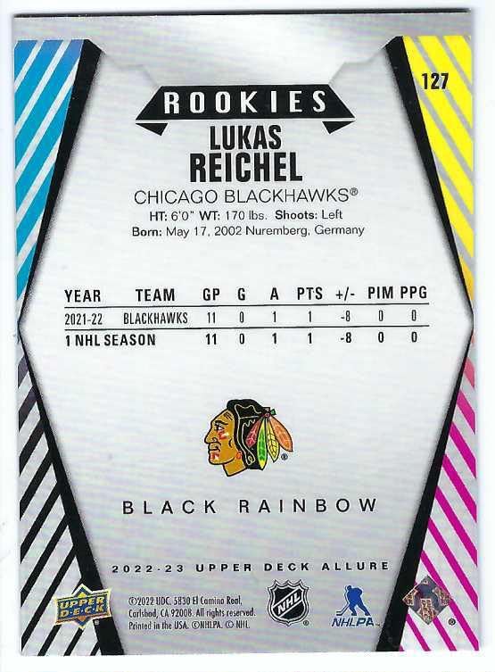 LUKAS REICHEL 2022-23 Upper Deck Allure #127 BLACK RAINBOW PARALLEL Rookie Card RC Hockey Chicago Blackhawks