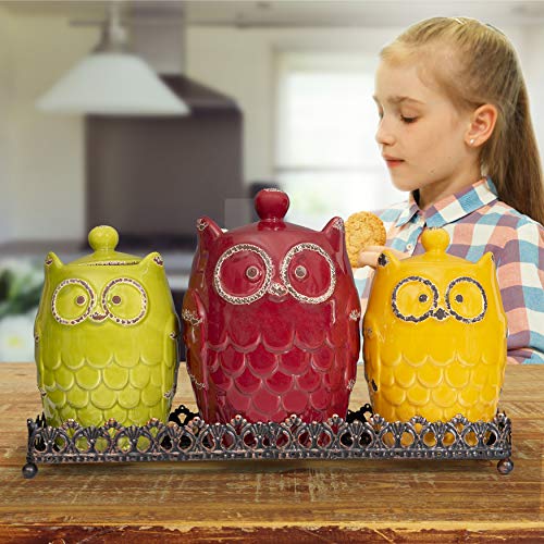 Kitchen Canister Set & Metal Tray- Ceramic Canister Set With Base- Earthenware Owl Design Kitchen Canister- Chef Deluxe Kitchen Canister #TOP2