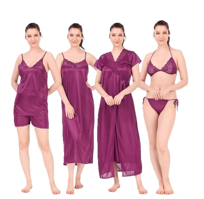 ledelav Women Satin Nighty Set 6 Piece Lingerie Sleepwear Set with Robe, Nighty, Top, Shorts, Bra & Panty Soft Silky Night Dress for Honeymoon & Bridal Wear-picture-39