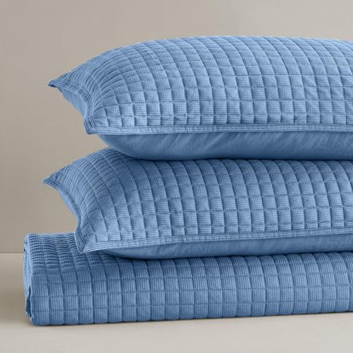 Image of Wonderful 3 Piece Waffle Weave Quilt Set Full Size, Blue Lightweight Bedspread Coverlet for All Season, Ultra Soft Microfiber Bedding Set with 2 Pillow Shams, Waffle Pattern Quilted Design 90 inchx90 inch | Breathable & Cozy