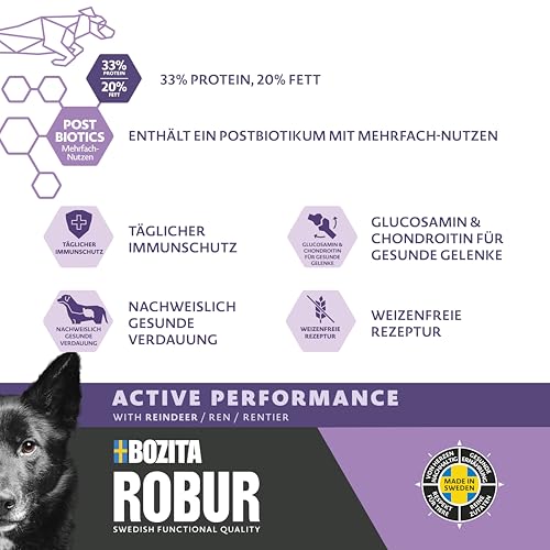 Bozita ROBUR Adult Active Performance Rentier 12kg - Hundefutter mit hoher Akzeptanz, Postbiotika, sehr hohem Proteingehalt, für sehr sportliche und aktive Hunde und zum aufpeppeln magerer Hunde
