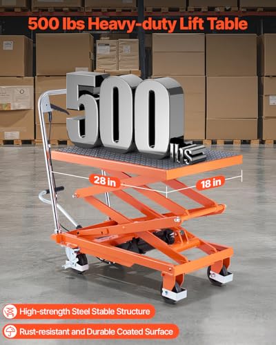 Image of VEVOR Hydraulic Lift Table, 500 lbs Capacity, 47.2 inch Lifting Height, Double Scissor Lift Table Cart with 4 Wheels and Non-Slip Pad, Manual Hydraulic Lifting Cart for Material Handling & Transportation