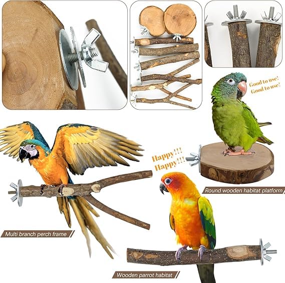 Image of 8 Pieces Natural Wood Bird Perch Wooden Parrot Perch Stand Fork Toys Hanging Multi-Branch Perch Platform Hammock Swing Toy for Macaws, Small Parakeets, Conures, Budgies, Finches