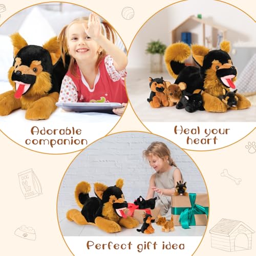 MorisMos 50cm lang riesen Schäferhund Kuscheltier mit 4 welpen im Bauch, groß Deutscher schäferhund Plüschtier Stofftier XXL, weich Plüschhund dogteddy Geschenk Kinder Baby